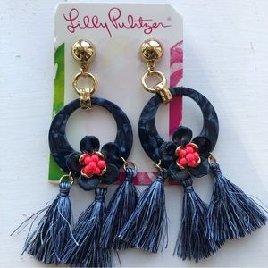 Nwt Lily Pulitzer Navy Blue & Gold Acetate Flower fringes Statement earrings